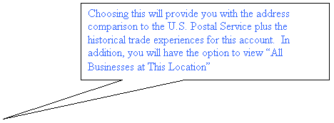 Rectangular Callout: Choosing this will provide you with the address comparison to the U.S. Postal Service plus the historical trade experiences for this account.  In addition, you will have the option to view All Businesses at This Location